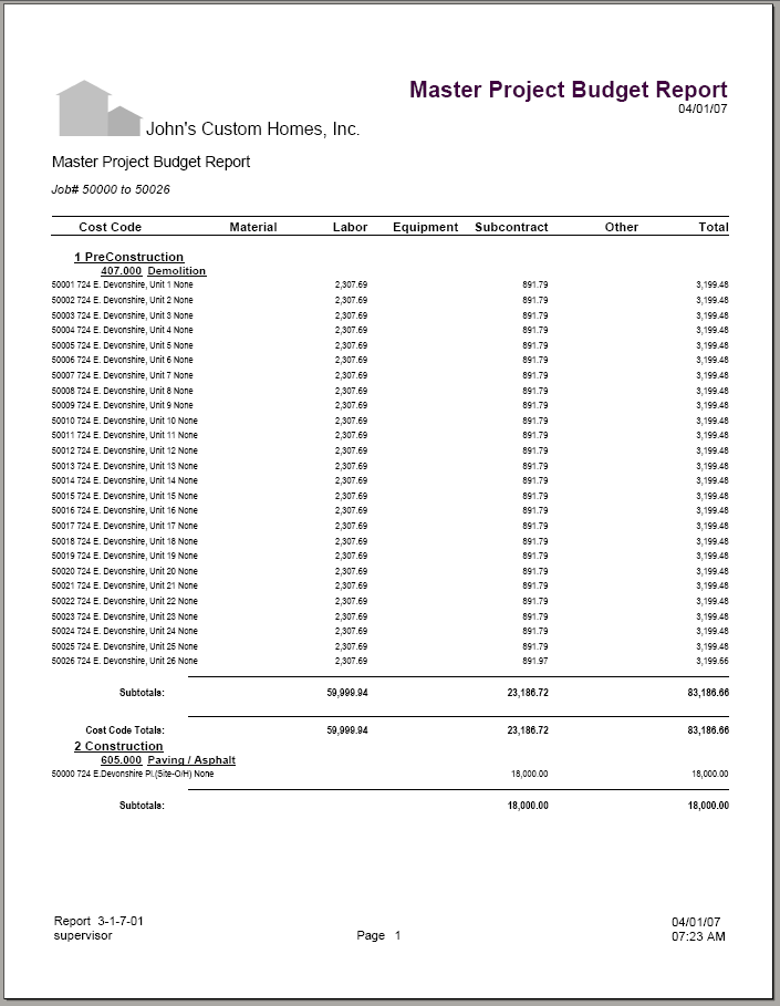 03 01 07 01 Master Project Budget Report Sage100Reports